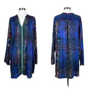Johnny Was | Blue Multicolor Printed Tunic Blouse Boho Relaxed Fit Top Large